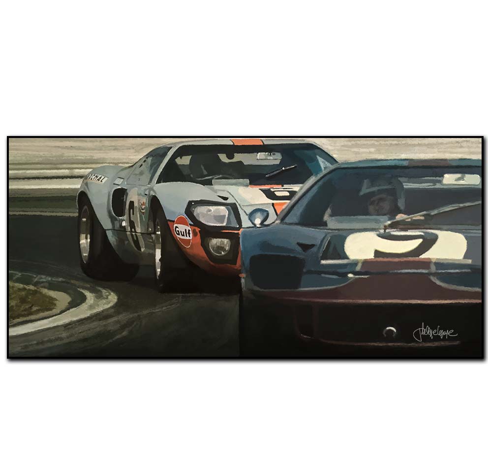 Deux Ford GT40 dans la courbe au 24 heures du Mans illustration digitale philippe Lepape